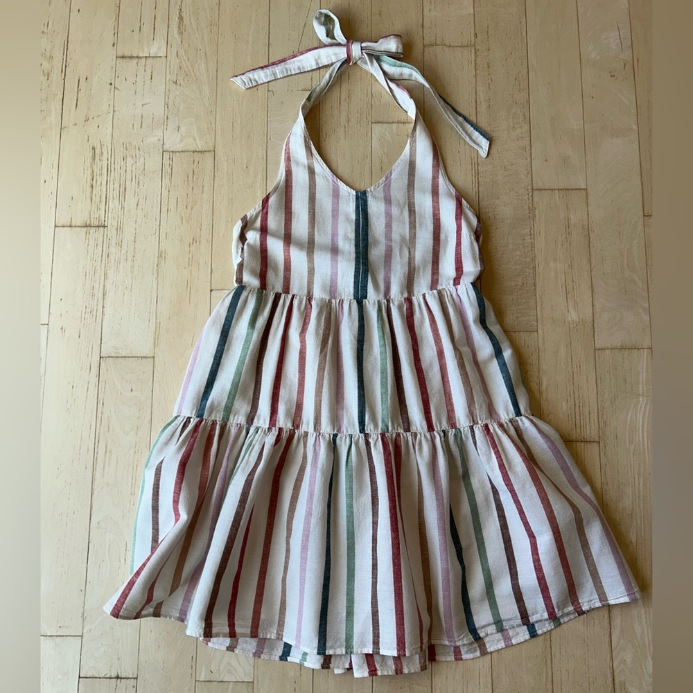 American Eagle Outfitters Cotton Linen Rainbow Striped Halter Tie Dress Large - Picture 5 of 16